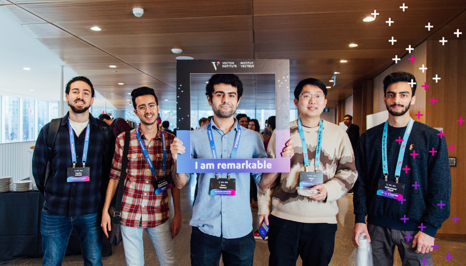 5 men at Vector Event Remarkable holding a Vector sign saying "I am Remarkable."