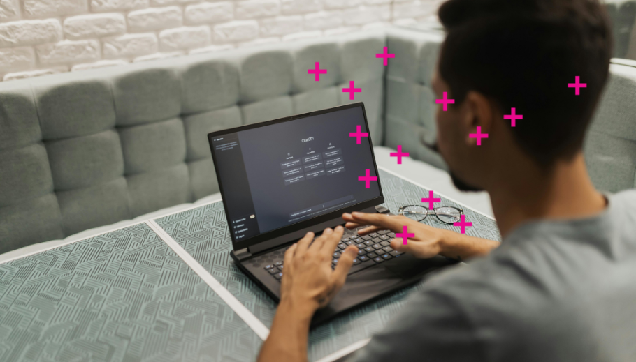 State of Evaluation graphic - person at laptop using ChatGPT