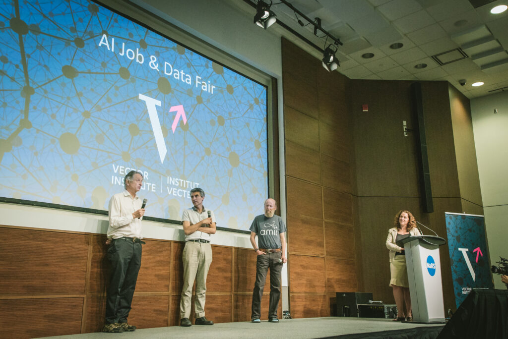 Geoffrey Hinton, Richard Sutton, and Yoshua Bengio at a special panel discussion at Vector Institute's AI Job & Data Fair