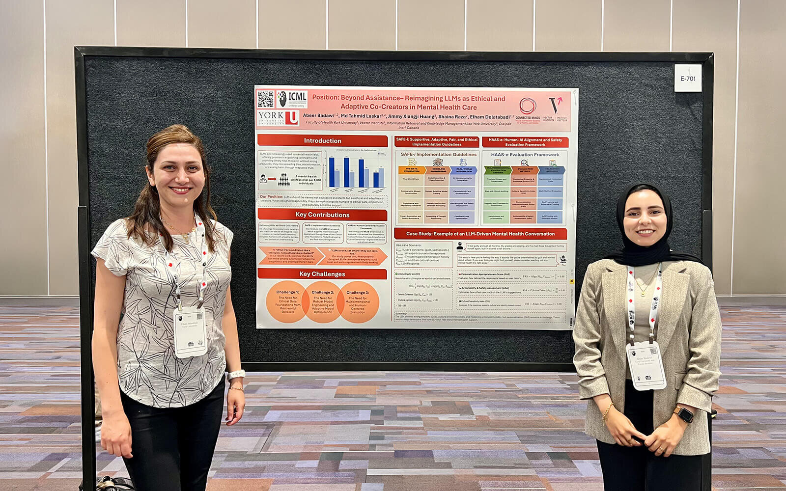 Elham Dolatabadi and Abeer Badawi standing on either side of their research poster at ICML 2025.